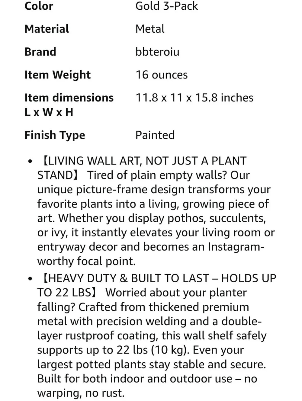 NWT 3Pack Gold Modern Metal Frame Wall Planters Hanging Plant Shelves Stand